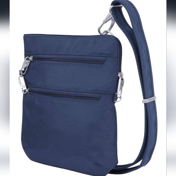 Travelon Anti-Theft Classic Slim Double Zip Crossbody Navy - Picture 1 of 9